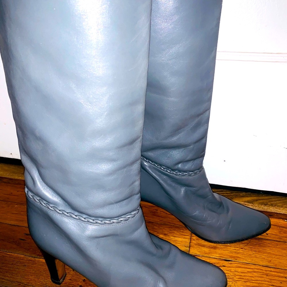 Vintage Hana Mackler 7.5 AA Tall gray leather boots w/ braided detail